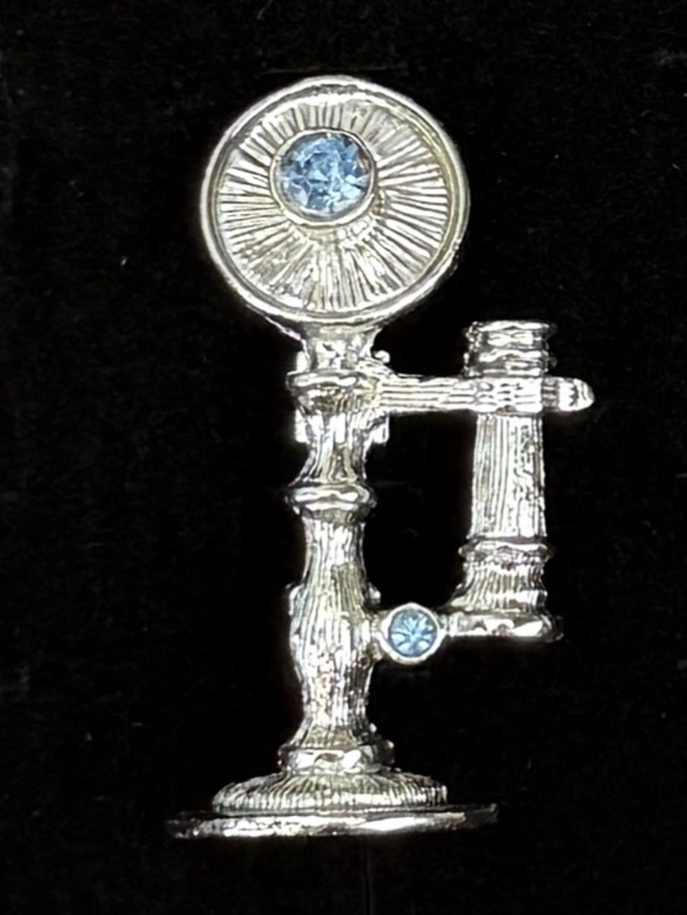 Vintage Gerry's Rotary Candlestick Telephone Brooch Blue Rhinestones